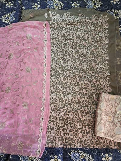 Elegant 3 Piece Unstitched Chiffon Suit with Jamawar Trouser