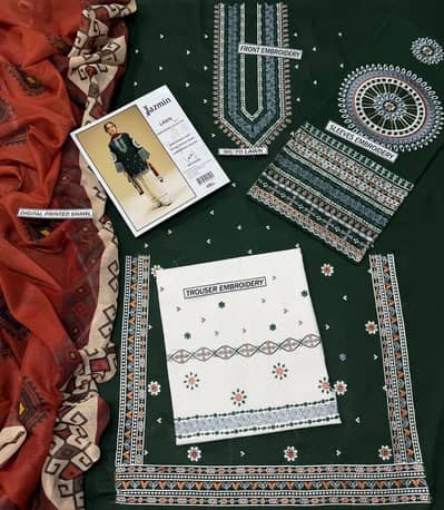 Green Embroidered 3-piece Lawn suit for woman