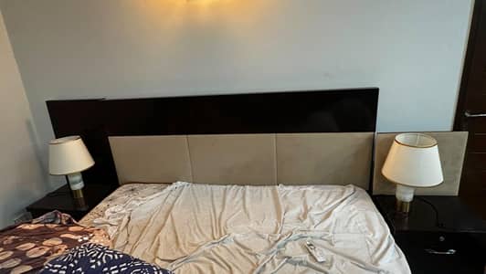 dark brown wooden bed set (with side tables and dressing)
