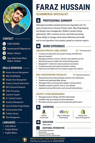 I need Amazon eBay Shopify eyc. . E  commerce remote job