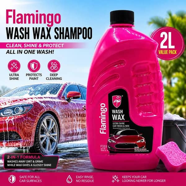 Flamingo Wash Wax Shampoo 2L – Ultra Shine Car Wash & Wax | Deep Cleaning + Gloss Protection Formula