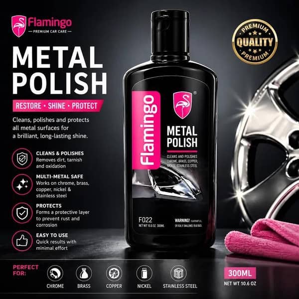 FLAMINGO Metal Polish 300ml – Chrome, Brass, Copper, Stainless Steel Cleaner & Shine Restorer