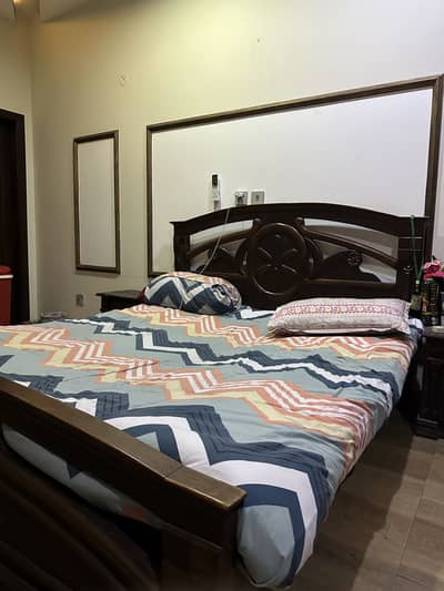 King Size Wooden Bed with Side Tables and Dressing table