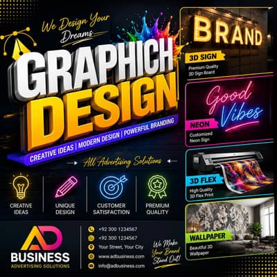 Banner Graphic Designer, 3d Sign Board, Neon Sign, 3d flex Wallpaper,
