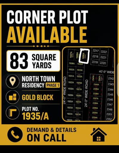 83 SQ YARDS CORNER PLOT FOR SALE AT NORTH TOWN RESIDENCY PHASE 01