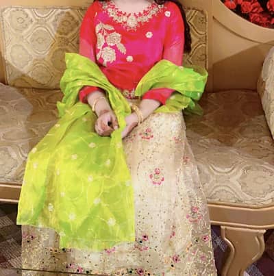 Used once lehnga  pink color kurti with lehnga