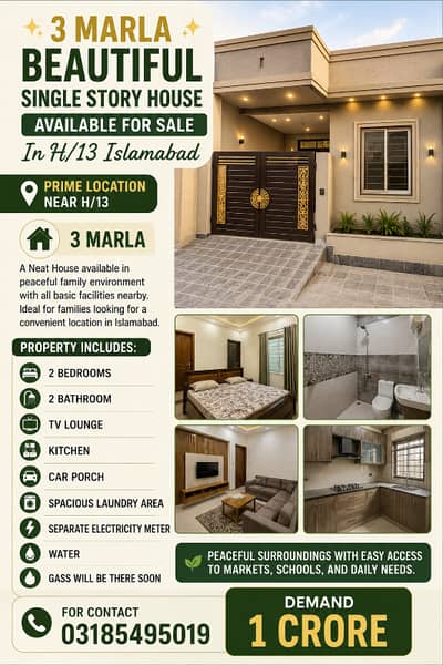 3 Marla Beautiful Single Story House For Sale In H/13 Near to Kashmir Highway