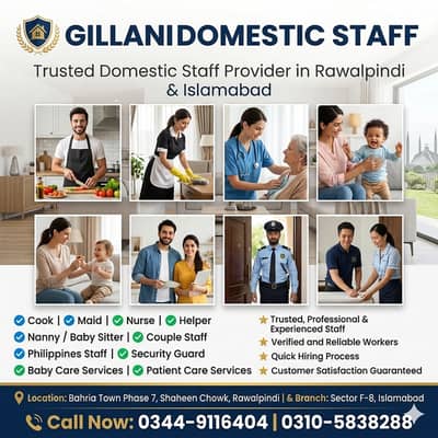Maid Cook Nurse Nanny Available in Rawalpindi | Domestic Staff Agency