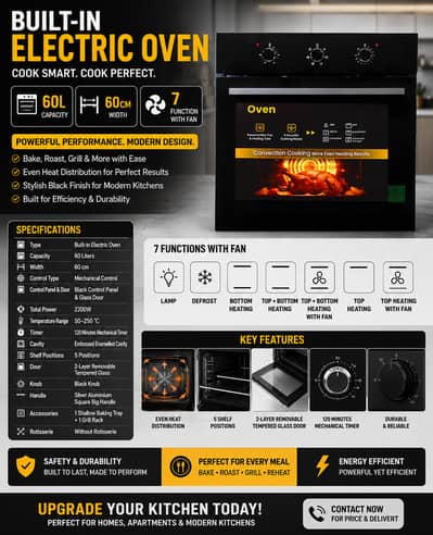 Built-In Electric Oven 60L | 7 Functions with Fan | 60CM Oven