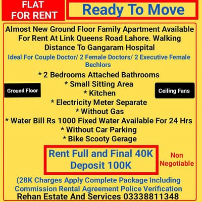 Ground Floor Family Flat For Rent Near Gangaram Hospital Lahore