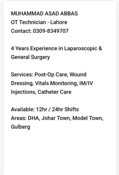Experienced OT Technician for Home care patient