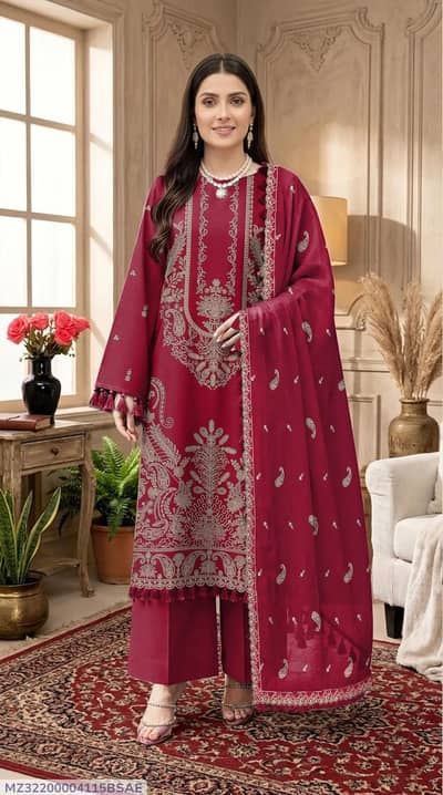 3 pcs women's unstitched embroidered  suit