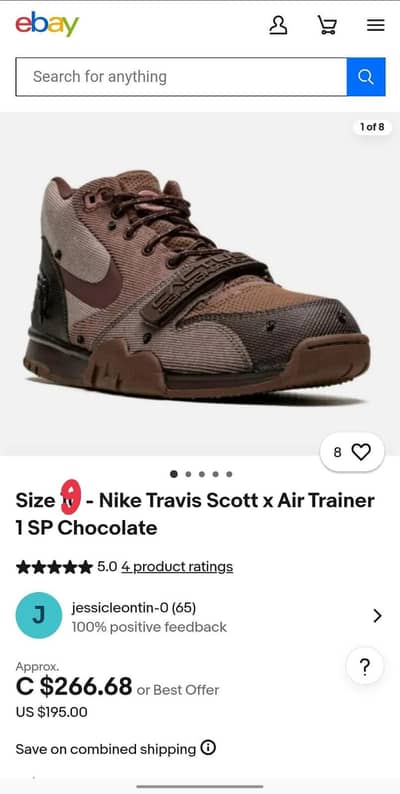 Original Nike Air Trainer 1 SP Travis Scott Brown M6.5/ Sneakers