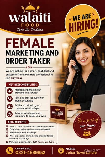 Female Order Taker, BBQ & Pratha Helper & Waiter Required