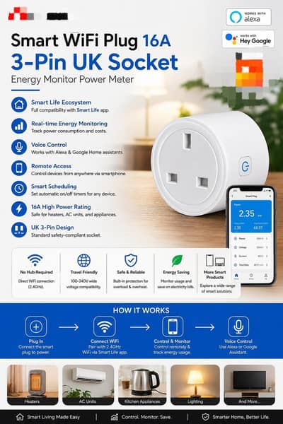 Smart WiFi Plug 16A – UK 3-Pin Socket