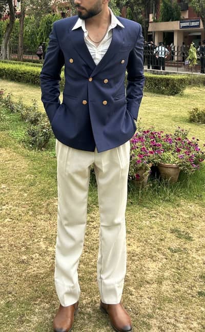 Blazer and dress paint without shirt