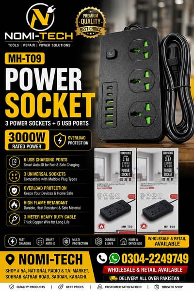7-in-1 Smart Extension Board - 3000W Heavy Duty - Fast Charging