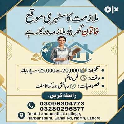 Full-Time Female Maid Required in Lahore | Free Food & Accommodation