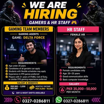 Gaming Agents & Female HR Staff Required – Attractive Salary Package