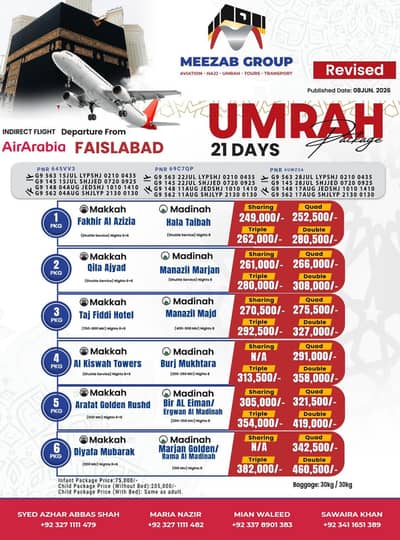 Umrah packages Plus visit visa and Airlines Tickets