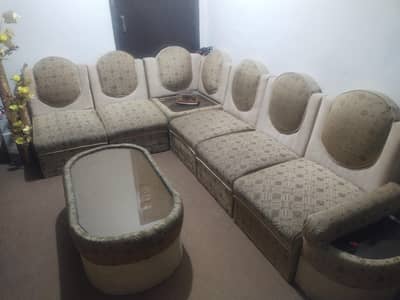  7 Seater Corner Sofa Set with Center Table – Good Condition
