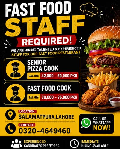 Staff Required { Pizza Chef,Fast Food Chef,Rider,Expidetor}