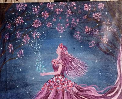 Handmade fantasy woman canvas painting| purple gown & cherry blossom