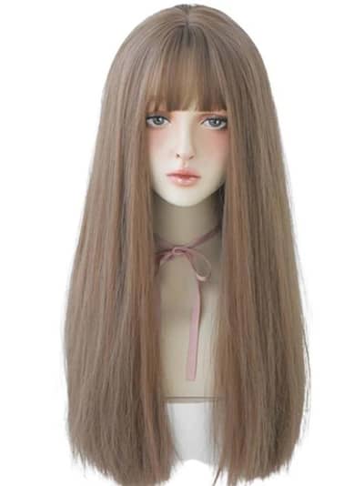 honey brown straight long wig with bangs