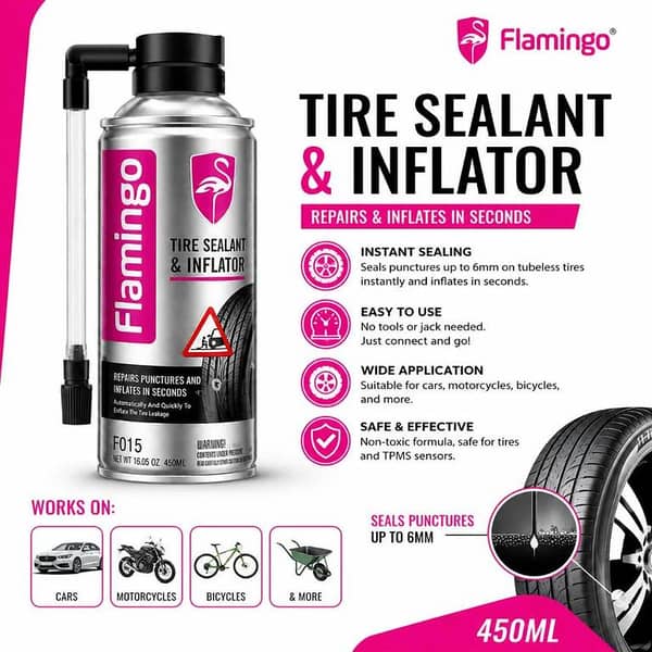 Flamingo Tire Sealant & Inflator 450ML | Emergency Puncture Repair Spray for Cars, Bikes & Tubeless Tires