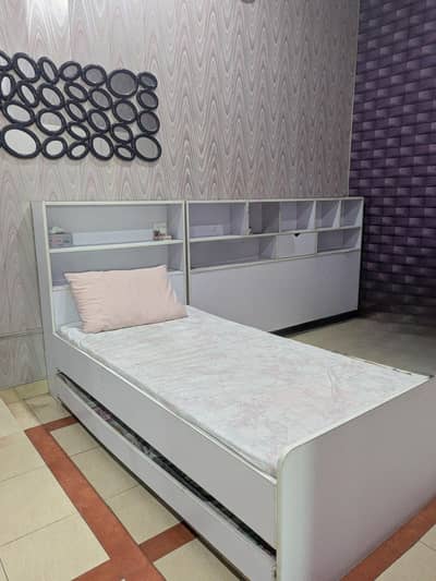 White Bed with Storage & Matching Wall Rack Set Good Condition