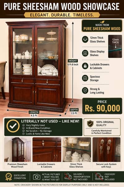 Pure Sheesham Wood Showcase / Crockery Cabinet / Display Cabinet-