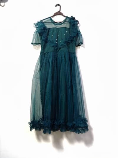 Midnight Teal Pearl Embellished Net Maxi Dress