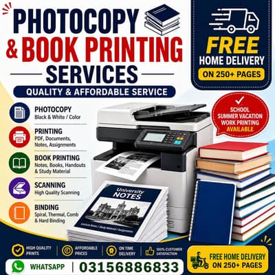 photocopy & Book printing services free home delivery on 250+ pages
