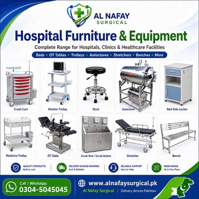 Hospital Furniture, OT Table. Bench, Lockers, Stool Trolley, Autoclave