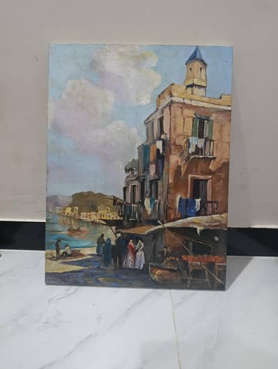 Hand-painted Mediterranean Coastal Town Oil Painting - Home