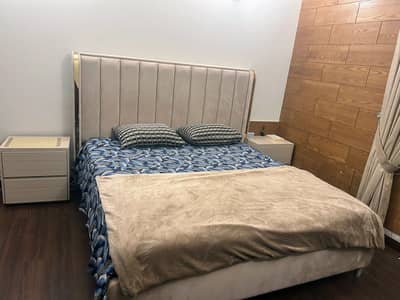 Modern Upholstered Bed Frame with Matching Sidetables