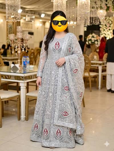 Silver Heavy stitched Embroidered Maxi Dress with Dupatta – Like New