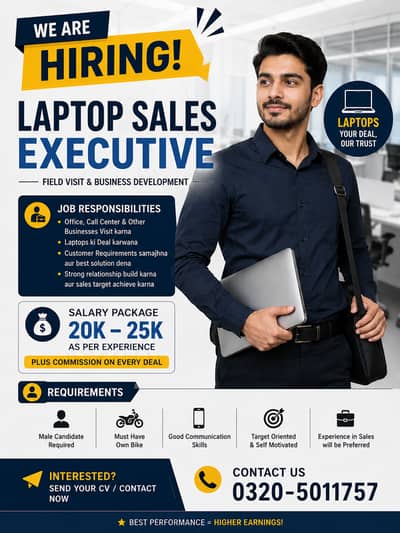 Hiring Laptop Sales Executive | Basic Salary 20K–25K + Commission