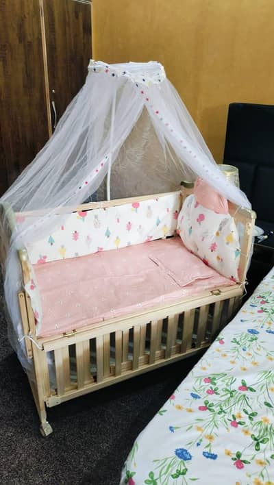 Wooden Baby Cot with Mattress & Mosquito Net – Excellent Condition