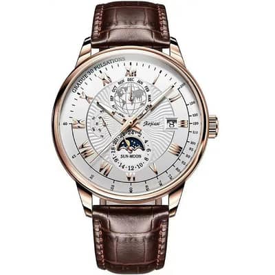 : Luxury Rose Gold Men's Watch with World Map Dial & Leather Strap