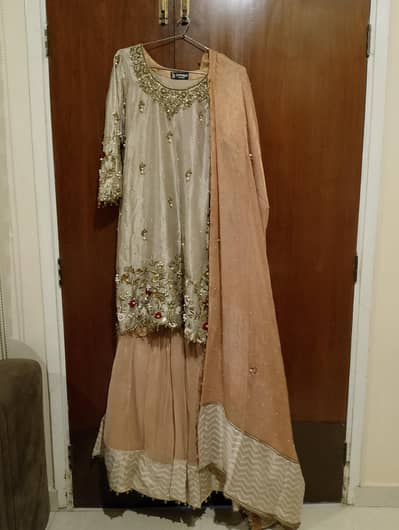 Designer Champagne Tissue Sharara 3pc | Zardozi Pearl Work Size M