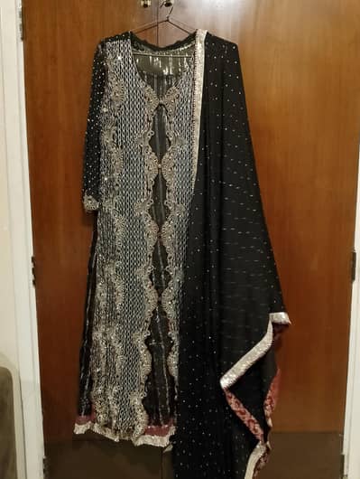 Designer Black Zardozi Chiffon Net Shirt | Silver Embroidery 3pc SizeM