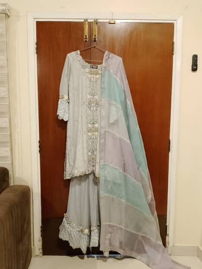 Designer Pastel Chiffon 3pc | 3D Floral Organza Gharara Set Size M
