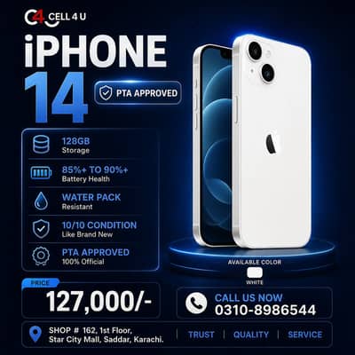 iPhone 14 PTA approved 128GB | 10/10 condition | battery 85% | white