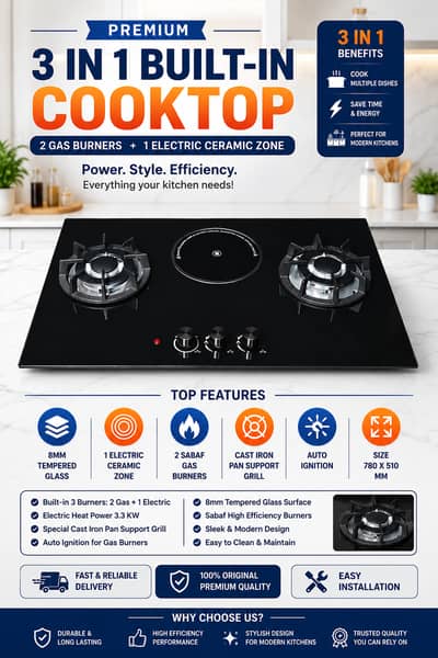 3 Burner Gas & Electric Hob | Ceramic Cooktop