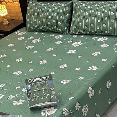 Premium Green Floral Cotton Double Bedsheet Set 3-Pcs (2-Day Sale)
