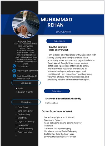 I wanna work as a Accountant/Data entry billing officer or e-commerce