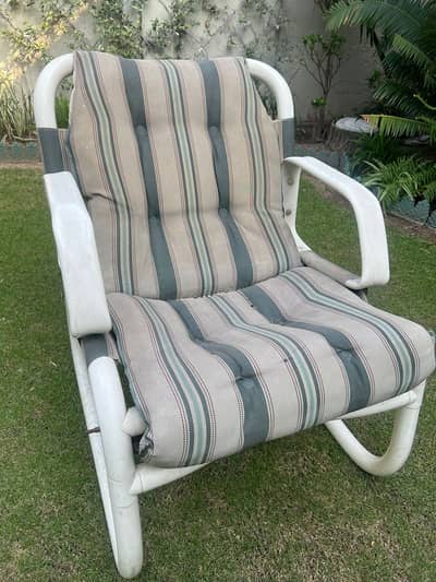 Outdoor Lawn Chairs Pair | PVC Frame + Cushions | Used/Needs Fixing