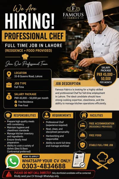 Professional Chef required \ Job / Lahore