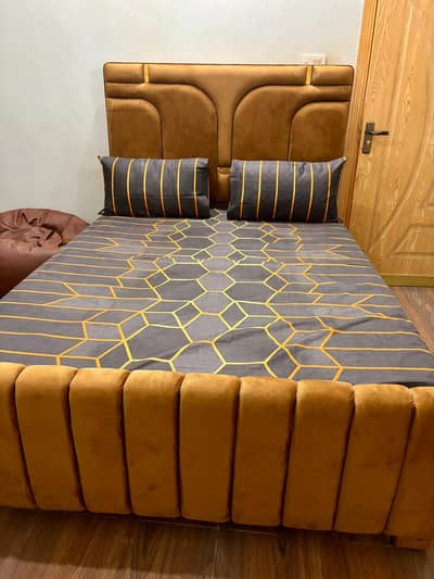 Queen Size Wooden Bed for Sale | Velvet Headboard | Good Condition